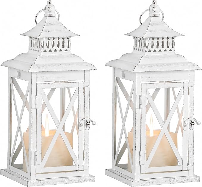 Lantern Decorative Indoor & Outdoor, 2 PCS 14.8''H Large Square Hanging Spring Home Decor, Vintage Metal Decorative Candle Lanterns for Outdoor Patio Wedding Party (White with Black Brush)