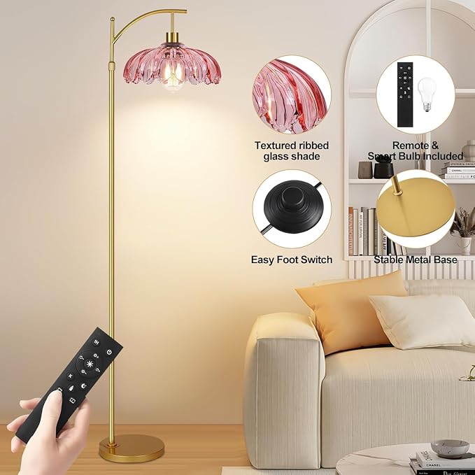 Gold Arc Floor Lamp for Living Room Bedroom,Mid Century Modern Standing Lamp with Remote,Dimmable Brass Tall Lamp Pink Flower Glass Lamp,Adjustable Vintage Floor Lamps Floor Light for Corner Office