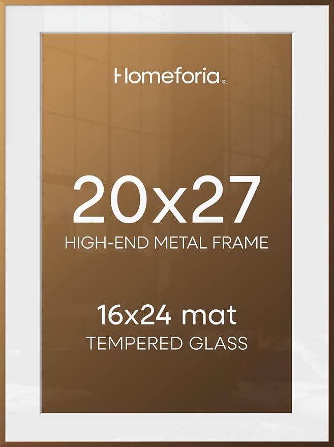 Homeforia 20x27 Bronze Picture Frame, High-End Metal, 16x24 Mat, Glass