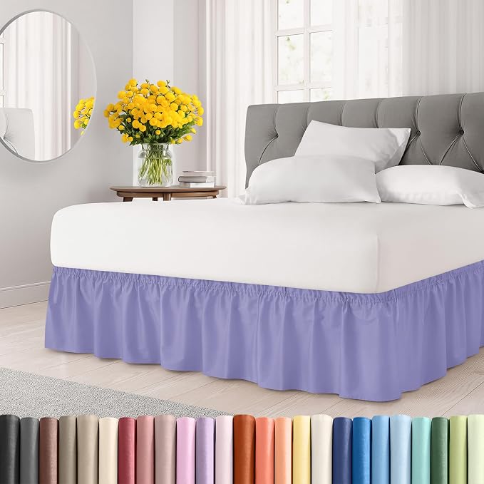 Wrap Around Dust Ruffle Bed Skirt - College Dorm Room - Twin/Twin XL | Lavender, 15 Inch Drop, Elastic Strap & Adjustable Pleated Bedskirt, Wrinkle Free, for Women, Men, Students, Kids & Teens