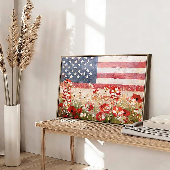 American Flag Framed Canvas Wall Art, 4th of July Patriotic Canvas Prints | Wildflower Meadow Landscape Poster Print, Vintage Rustic Independence Day Wall Decor for Bedroom Living Room 16×20in