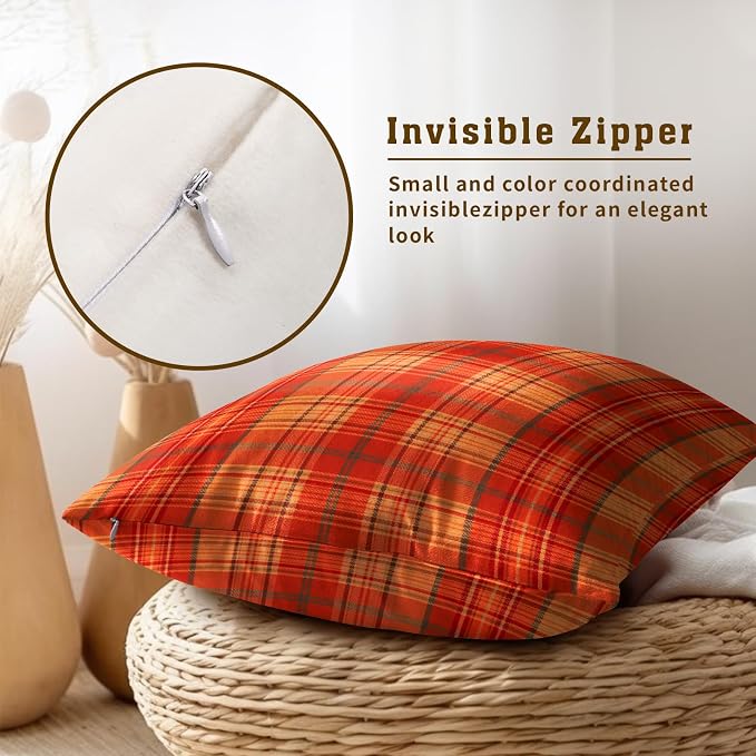 Fall Plaid Throw Pillow Covers 24x24inch Set of 2 Burnt Orange Buffalo Plaid Print Pillowcase Autumn Colored Tartan Thanksgiving Farmhouse Seasonal Decorative Cushion Cases for Home Sofa Patio