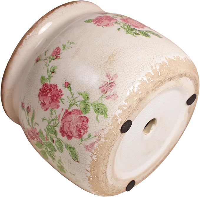 Decorative Pink Vintage Floral Pots, Ceramic Garden Pots with Drainage | Grandma Flower Pots for Indoor Plants, Succulent & Herb Pots, Crackle Glaze Pottery, Maximalist Chic Decor, Mom Gifts