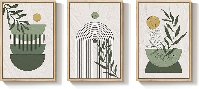 Large Framed Sage Green Boho Abstract Wall Art for Living Room, 24x36 Inch | Bohemian, Canvas prints, Large, Botanical leaf, 3 piece, Minimalist, Mid century modern, Geometric, Wall decor for bedroom