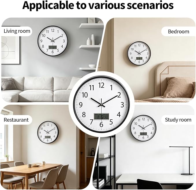 SIN&MI Wall Clock 12 Inch LCD Display Number Frame Glass Cover Non-Ticking Number Quartz Wall Clock Modern Quartz Design Decorative Indoor/Kitchen White