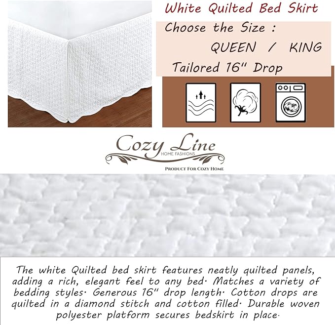 White Quilted Bed Skirt Dust Ruffle Matelasse Tailored 16" Drop (King)