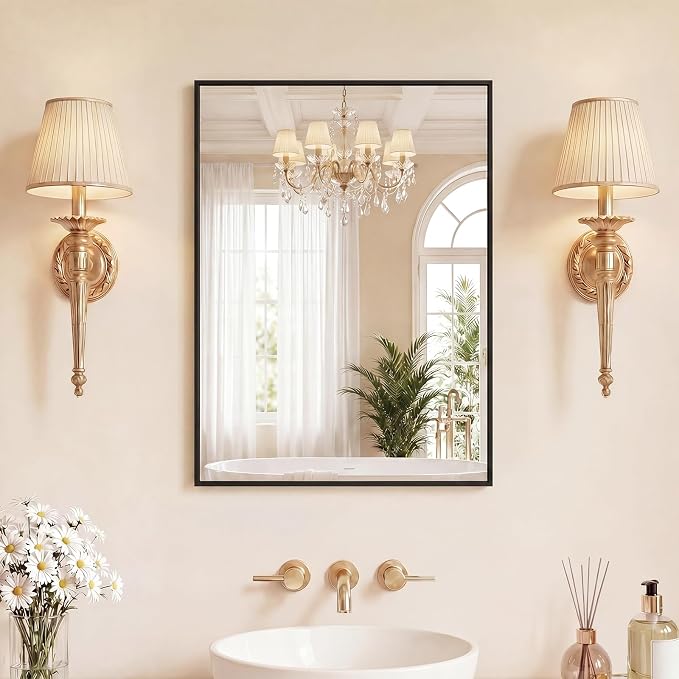 Bathroom Mirrors for Over Sink, 22" x 30" Rectangle Wall Mount Mirror with Metal Frame, Modern Vanity Mirror with Tempered Glass, for Home Decor, Anti-Rust, Black