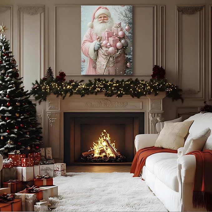 Pink Christmas Canvas Wall Art 16x24, Santa Elegant Pictures for Girls Bedroom And Festive Party Wall Decorations, Christmas Gift for Womens, Framed Painting Ready to Hang