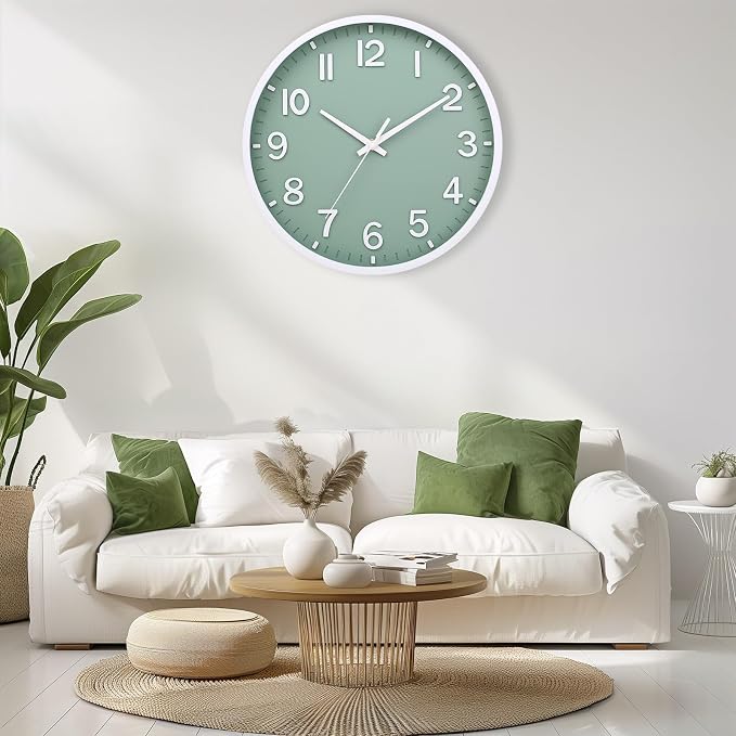 Wall Clocks Battery Operated 8 inch Modern Wall Clock,Silent Non Ticking Wall Clock for Living Room Bedroom Kitchen Office Classroom Decor (Green White)