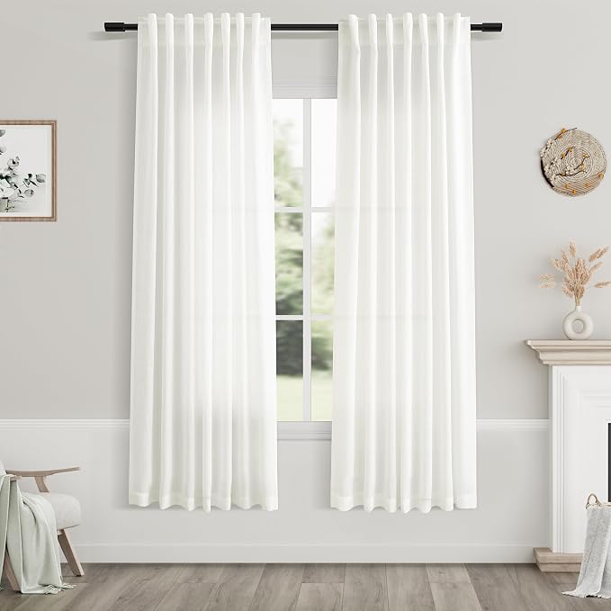 Ivory Semi Sheer Curtains 72 Inches Long 2 Panels Set for Bedroom Back Tab Rod Pocket Light Filtering Privacy Drapes Cotton Linen Textured Farmhouse Living Room Curtain 52X72 Inches