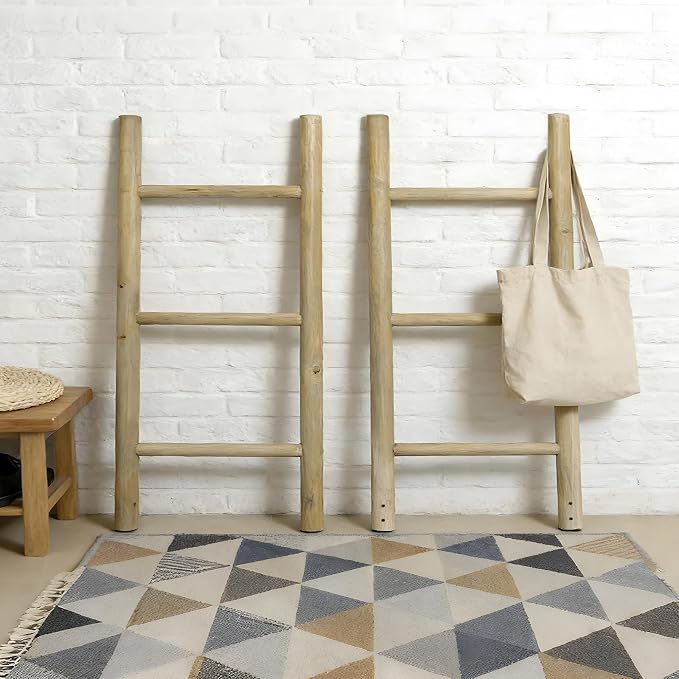 Wooden Blanket Ladder - 76in Natural & Motley Wood - Leaning Wall Decor for Bedroom, Bathroom, Living Room - Rustic Quilt Holder & Towel Rack (Brown, 76in | Pre Assembled)