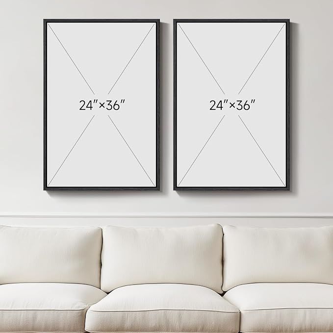 Large Framed Neutral Abstract Wall Art for Living Room Set of 2, 24x36 In | Geometric, Canvas prints, Modern paintings, Black and White, Beige, Minimalist pictures, Wood frame, Bedroom wall decor