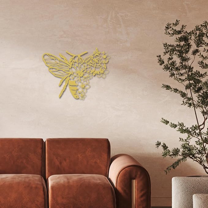 Rajukit Bohemian Bee Flower Metal Wall Art Gold for Living Room | Honey bee theme botanical style indoor decor hanging sculpture gold finish for bedroom kitchen living room