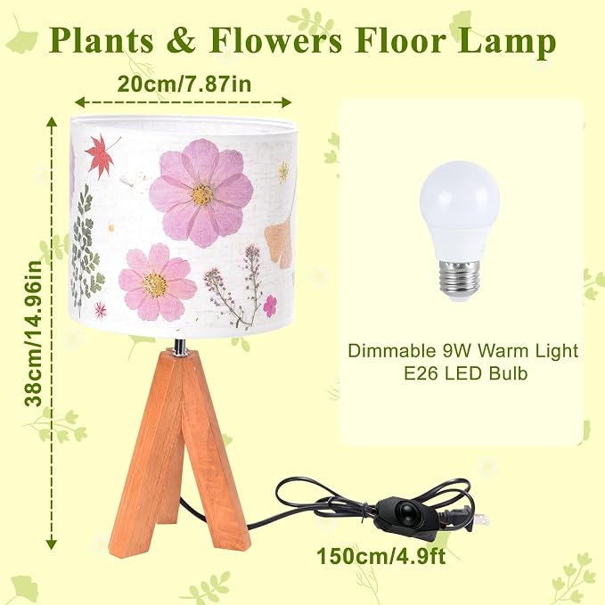 Dried Flowers Tripod Table Lamp 14.96in, 9W LED Dimmable Cute Bedside Lamp with Flowers Linen Lampshade for Nursery, Bedroom, Kid Room, Living Room, Light Brown Wooden Base