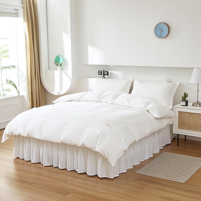 MEILA Wrap Around Bed Skirt for Queen & King Beds 16" Drop, Natural White | Three-Side Adjustable Elastic Dust Ruffle, Ruffled Polyester Fabric, Easy to Install, Fade Resistant & Machine Washable