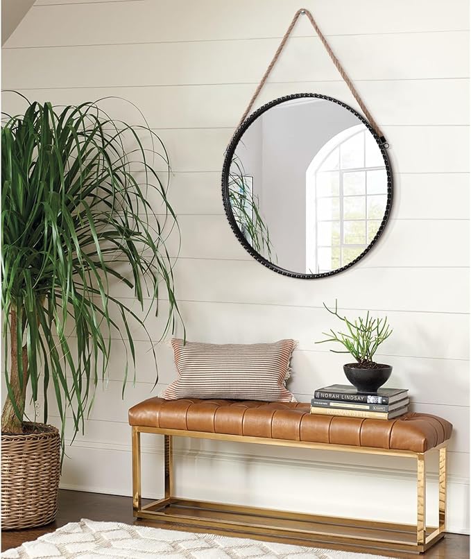 Wall Hanging Mirror with Round Metal Framed Black Beaded Circle Mirrors for Bedroom Bathroom Living Room Home Entryway Decorative 16"