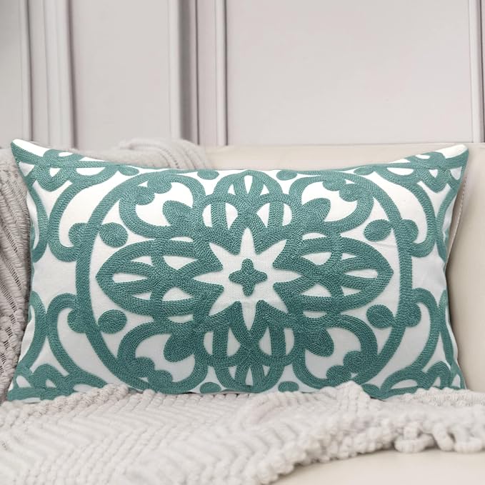 Alysheer Embroidered Lumbar Decorative Throw Pillow Cover 12"x 20", Classic Boho Mandala Embroidery Pattern Cotton Farmhouse Rectangular Cushion Case for Sofa Couch Living Room Bedroom(Dusty Blue)