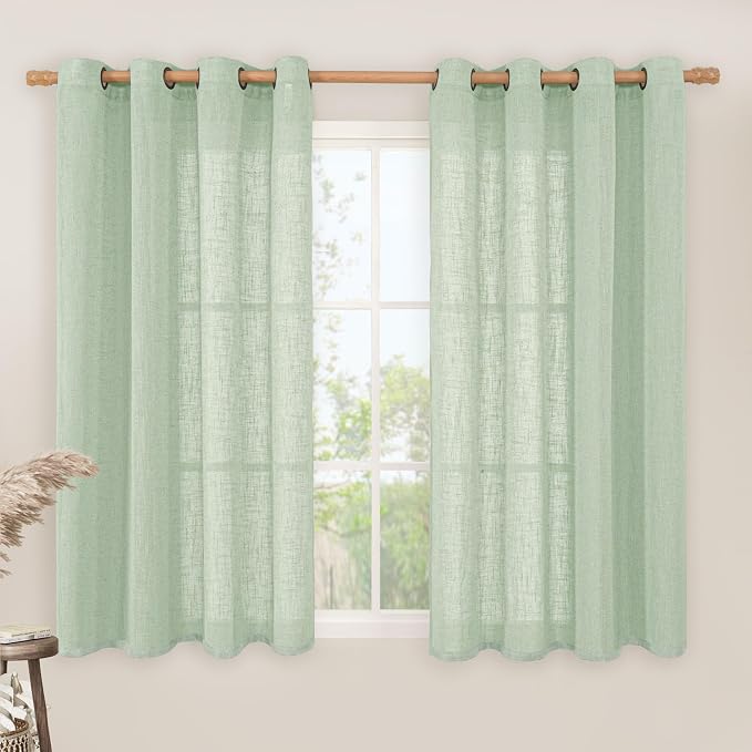 Fresh Green Linen Curtains for Bedroom 54 Inch Length 2 Panels | Semi Sheer, Light Filtering, Curtains for Farmhouse, Dining Room, Kitchen, Bronze Grommet, Neutral Drapes, 52 x 54 Inch