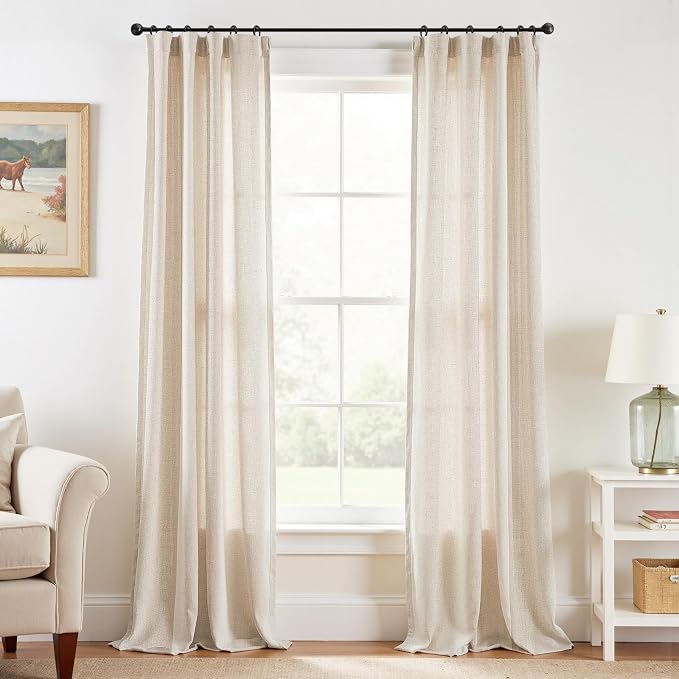 jinchan Linen Curtains Light Filtering Back Tab 38x96 Inch 2 Panels Beige | Semi Sheer Curtains 96 inch length for Bedroom Living Room, Modern Farmhouse Drapes with Rod Pocket, Natural Boho Curtains