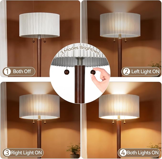 2-Lights Wood Floor Lamp with Dual Switch, Mid-Century Modern Corner Lamp with Pleated Shade, Standing Lamp for Living Room, Bedroom, Office, Reading Room, Walnut Brown