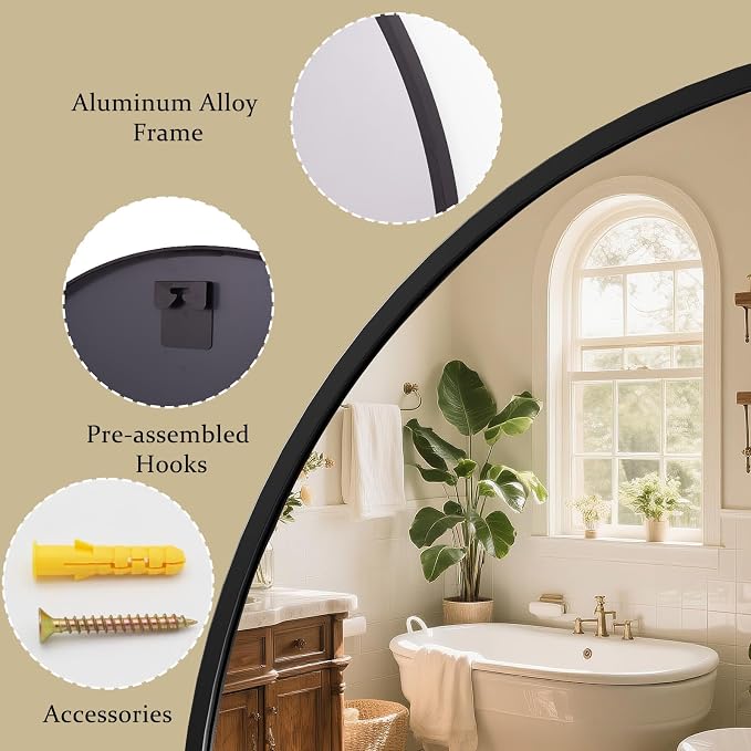 XRAMFY 42 Inch Round Black Metal Wall Mirror, Circle Mirror for Entryway | Stylish Circle Mirror for Bathroom, and Living Room Decor Matte Black Circle Wall Mirror