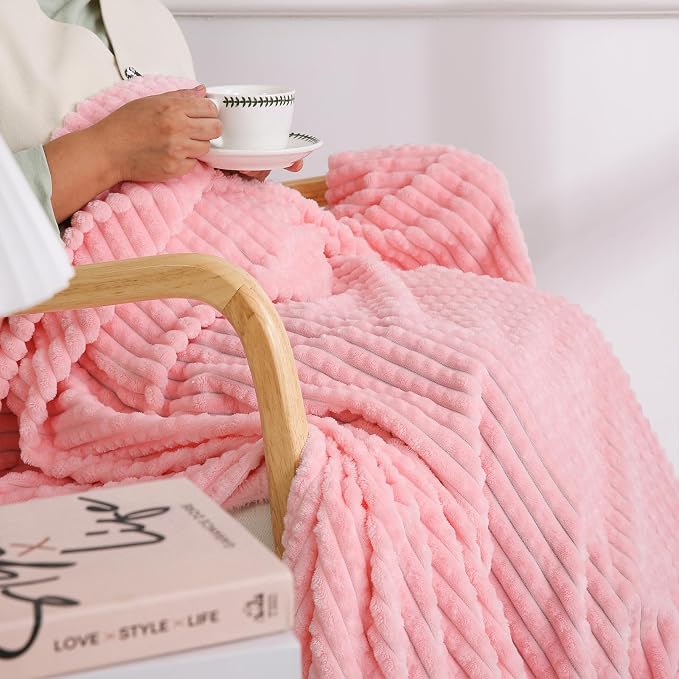Puncuntex Fleece Throw Blanket Light Pink 50"×60" with Square Grid Design | Super Soft Plush Cozy Flannel Throw Blanket Luxury for Couch Sofa Chair