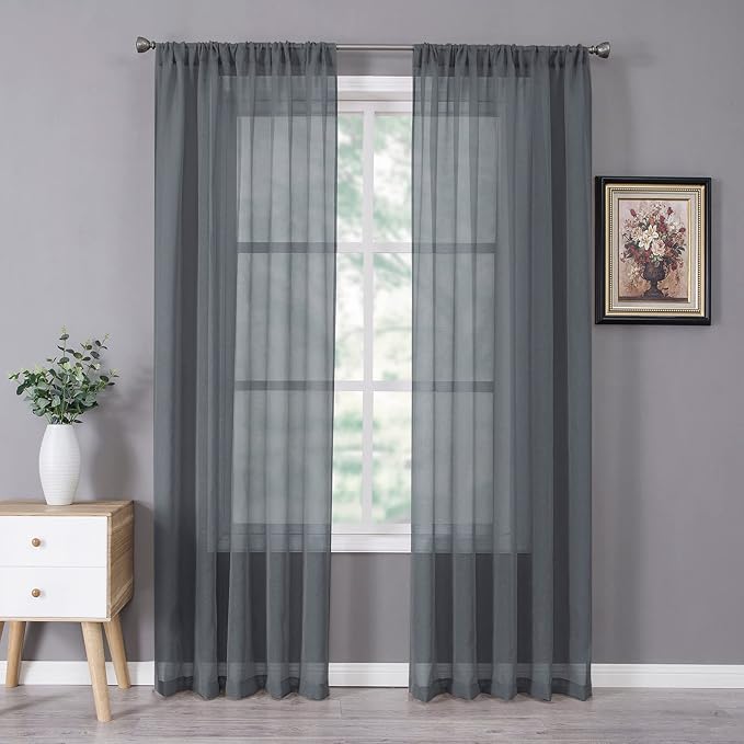 Tollpiz Sheer Curtains Linen Textured Bedroom Curtain Sheers Light Filtering Rod Pocket Voile Curtains for Living Room, 54 x 84 inches Long, Dark Grey, Set of 2 Panels