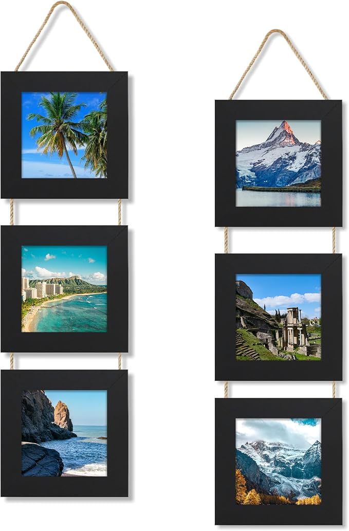 4x4 Collage Picture Frames Set of 2, Rustic Wooden Real Glass Vertical Hanging 3 Opening 4 by 4 Photo Frame, Black