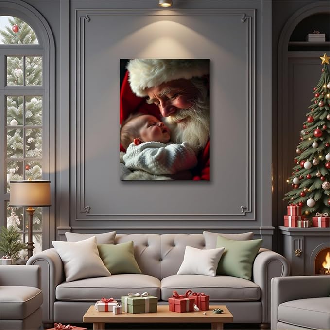Festive Santa with Baby Christmas Canvas Poster 16x24inch - Warm Holiday Indoor Wall Decor, Framed Wall Art for Living Room, Bedroom, Dining Area & Bathroom, Christmas Home Decor