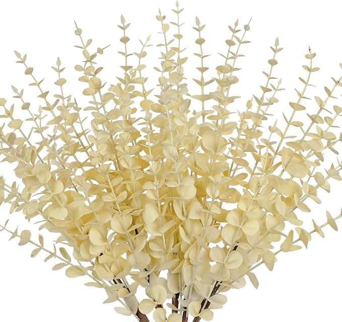 GnFlus 5 Pcs Artificial Eucalyptus Stems Fall Eucalyptus Leaves Autumn Leaf Branches Fall Decorations with Foam Fall Leaves for Home Floral Arrangement Autumn Festival Thanksgiving Decor Cream White