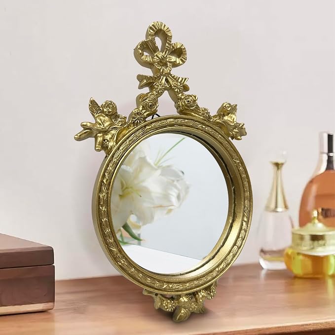 Vintage Vanity Makeup Desk Mirror, Antique Traditional Bow Table Mirror, Gold, for Dressing Table, Bedroom, Bathroom, Tabletop