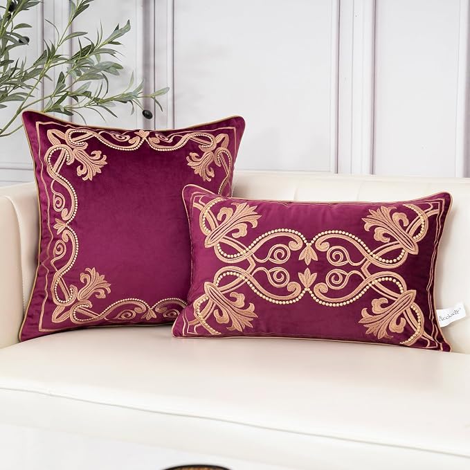 Aeckself Floral Pillow Cover 18x18 Inch, Luxury Velvet Embroidered Decorative Accent Throw Pillow Cover for Couch Bedroom Living Room, Burgundy Red and Gold