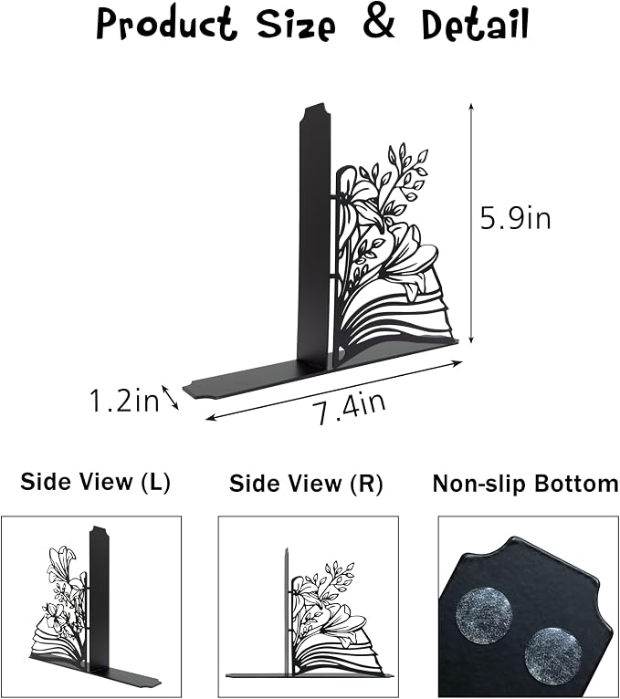 Metal Flower & Book Design Decorative Bookends – Cute Bookends for Shelves | Fun Reading Room Decor for Book Lovers, Black