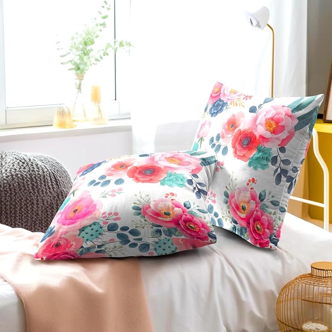 Watercolor Peony Throw Pillow Covers 20x20 Inch Set of 2 Pink Floral Girly Green Leaves Decorative Pillow Case Spring Summer Flower Square Cotton Cushion Cover for Home Couch Bed