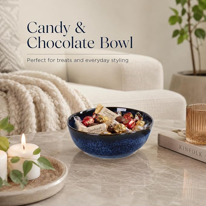 Blue Ceramic Bowl, 7.5in Decorative Serving Bowl for Coffee Table Decor