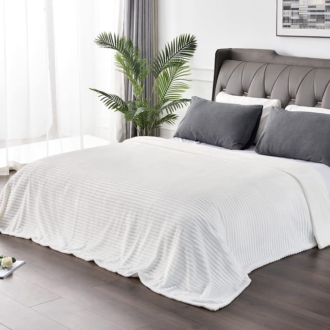 BEDELITE Ribbed Jacquard Off White Blankets Queen Size for Bed, 90x90 Inch | Soft Warm Decorative Fluffy Blanket, Cozy Fuzzy Lightweight Plush Fleece Throw Blankets for Bed, Room Decor, Gift for Women