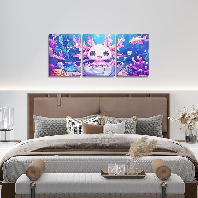 Feelyou Kids Cute Axolotl Canvas Wall Art for Living Room Bedroom Ocean Sealife Picture Wall Decor Boys Girls Kawaii Animal Wall Painting Prints Cartoon Salamander Bathroom Wall Art 12"x16"x 3Pcs