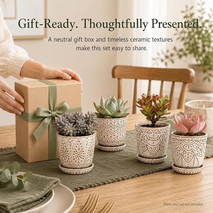 Gepege Ceramic Succulent Pots, 4 Inch Small Plant Pots with Drainage | Ceramic succulent pots with drainage holes, ceramic saucers and mesh pads, set of 4, ideal for cactus and succulents