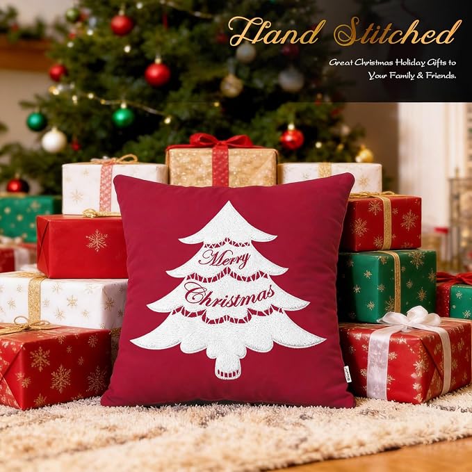 BRAWARM Christmas Pillow Cover 20 X 20 Inches, Christmas Red Christmas Tree Embroidered Pillow Cover, Soft Velvet Decorative Throw Pillow for Couch Bed Sofa Living Room Home