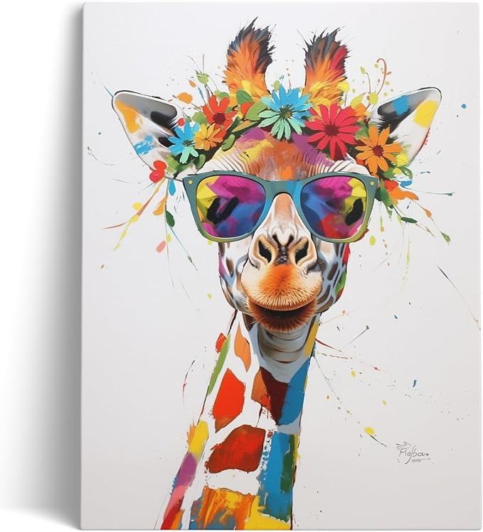 Ypxzzj Cute Giraffe with Glasses Canvas Wall Art,Colorful Giraffe Decor Wall Art Pictures Painting Poster Artwork for Children's room Bedroom Living room Decor Framed Ready to Hang
