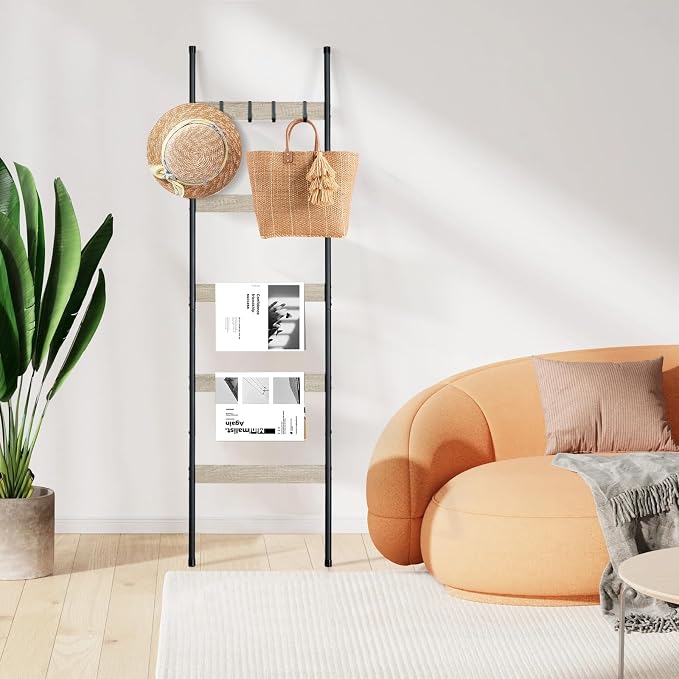 ELYKEN Blanket Ladder, 5-Tier Towel Rack, Wall-Leaning Quilt Holder | Farmhouse Wood Display Stand with 4 Hooks, Decorative Rack Shelf for Living Room, BedRoom, Bathroom, White Oak