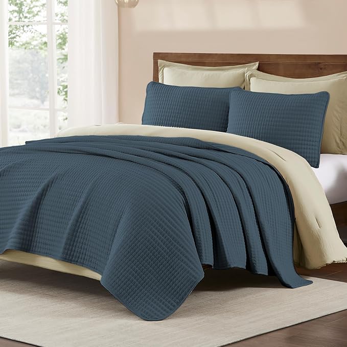 Queen Quilt-Lightweight Navy Blue Bedspreads Queen Size Quilt Bedding Set | Soft Coverlet with 2 Pillow Shams for All Seasons, Suitable for Bed, Couch, 3 Pieces, 90"x94"