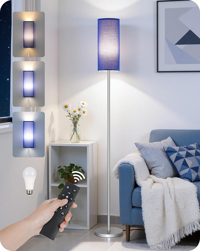 Dimmable Floor Lamps for Living Room with Remote and Foot Switch, 64.4” Modern Standing Tall Lamp, Corner Lamp for Bedroom, Office, Bulb Included, 3000K-6500K, Blue and Silver, FCC Listed SU06LD05W1
