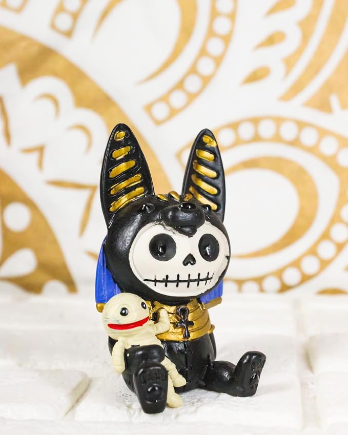 Ebros Furrybones Egyptian God of Afterlife Anubis Figurine Small 3.25" Furry Bones Skeleton Monster Collectible Decor Statue Gothic DOD Anpu Jackal with Mummy Friend Themed Decorative Sculpture