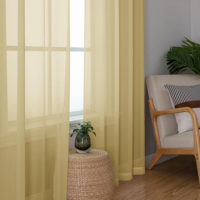 Simplebrand Gold Sheer Curtains 108 Inches Long, Extra Long Rod Pocket Solid Color Window Sheer Curtain Panels, Elegant Curtains & Drapes for Living Room, Bedroom 2 Panels (Gold, 59" W x 108" L)