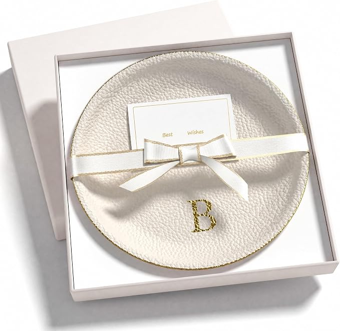 Initial Jewelry Dish for Women, Shatterproof Vegan Leather Ring Holder with Stainless Steel Core, Personalized Monogram Trinket Tray, Birthday Bridesmaid Gift with Box (Cream Letter B)