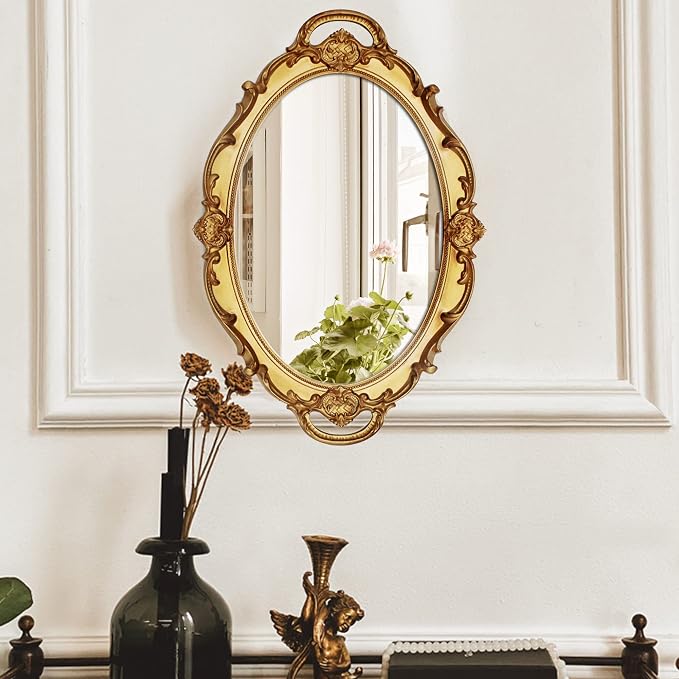 Eaoundm 14.5 x 10 inchs Oval Hanging Mirror (Gold 2 Pcs) | Antique Decorative Wall Mirror Vintage