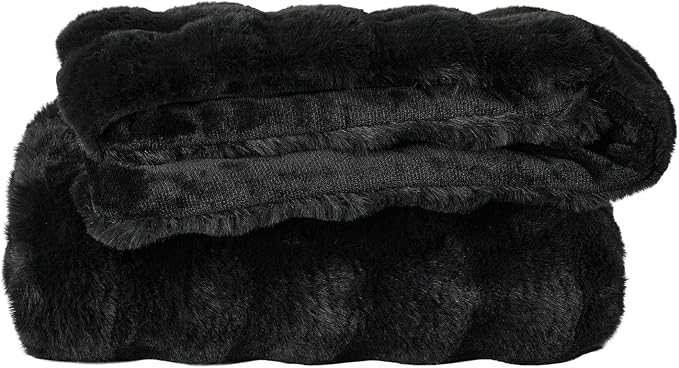 Lotus Karen Faux Fur Throw Blanket Black - Big Bubble Rabbit Fluff Blanket for Couch, Small Fluffy Fuzzy Cozy Blanket, Thick Furry Plush Shaggy Blankets, 50x60 Inches