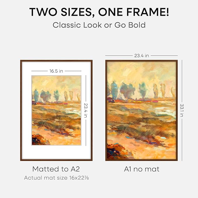 Homeforia A1 Brown Oak Poster Frame, High-End Wood, A2 Mat, Glass
