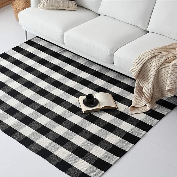 LEVINIS Cotton Washable Rugs Large Black and White Plaid Rug for Living Room/Bedroom, 90''x67''
